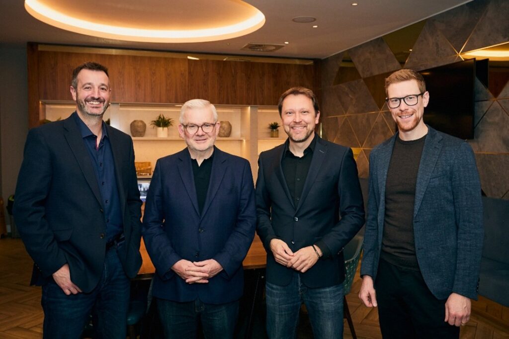 (L-R Mike Seaman, Group CEO at Raccoon Media Group, Doug Emslie, Chairman Raccoon Media Group, Stefan Rummel, Co-CEO at Messe Munchen and Harald Kirchschlager, Executive Director Corporate Strategy & Development at Messe München)